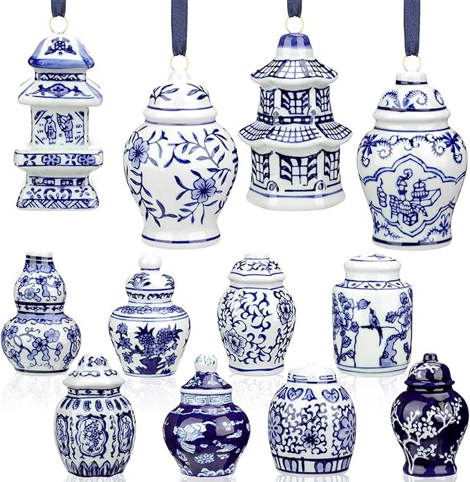 Peryiter 12 Pieces Christmas Chinoiserie Ornaments Mini Ginger Jar Porcelain Blue and White Ornam... | Amazon (US)