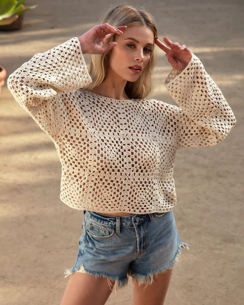 Elisa Knit Crochet Long Sleeve Top - Sand | VICI
