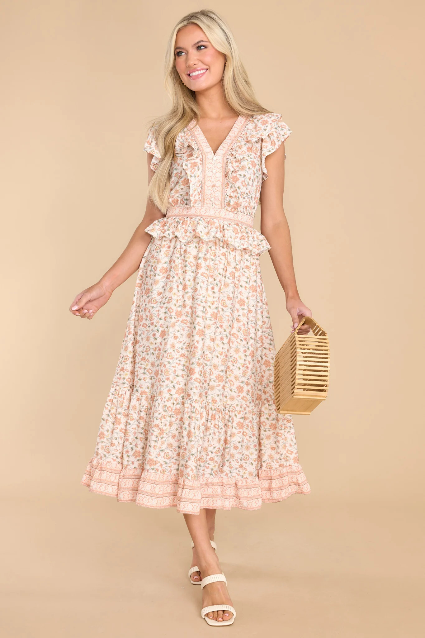 Take Me Abroad Apricot Floral Print Midi Dress | Red Dress 