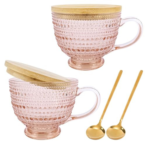 Pink Vintage Latte Mugs Set of 2, 16oz Large Pink Glass Embossed Coffee Mug Latte Tea Cup with Bamboo Lid and Spoons, Insulated Tea Cups Iced Water Ribbed Glasses Breakfast Cup Set Gift for Family | Amazon (US)