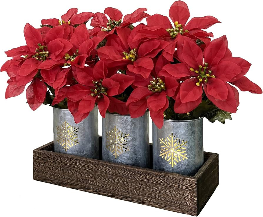 Poinsettias Artificial Christmas Flowers with LED Lights, Red Xmas Table Centerpiece in Pots and ... | Amazon (US)