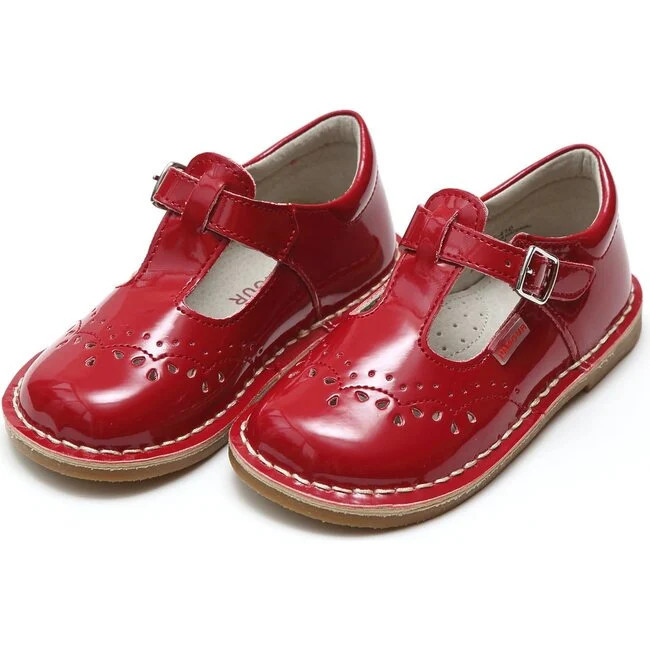 L'Amour | Ruthie T-Strap Stitched Patent Mary Jane Kids Shoes (Red, Size 11) | Maisonette | Maisonette
