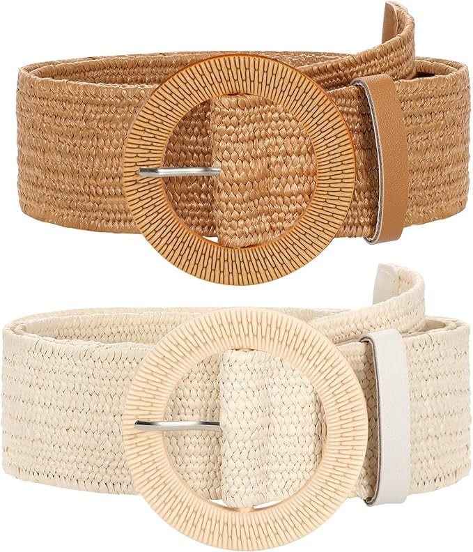 SUOSDEY 2 Pack Straw Woven Elastic Belt Braided Stretch Wide Boho Rattan Waist Belt for Women Dre... | Amazon (US)