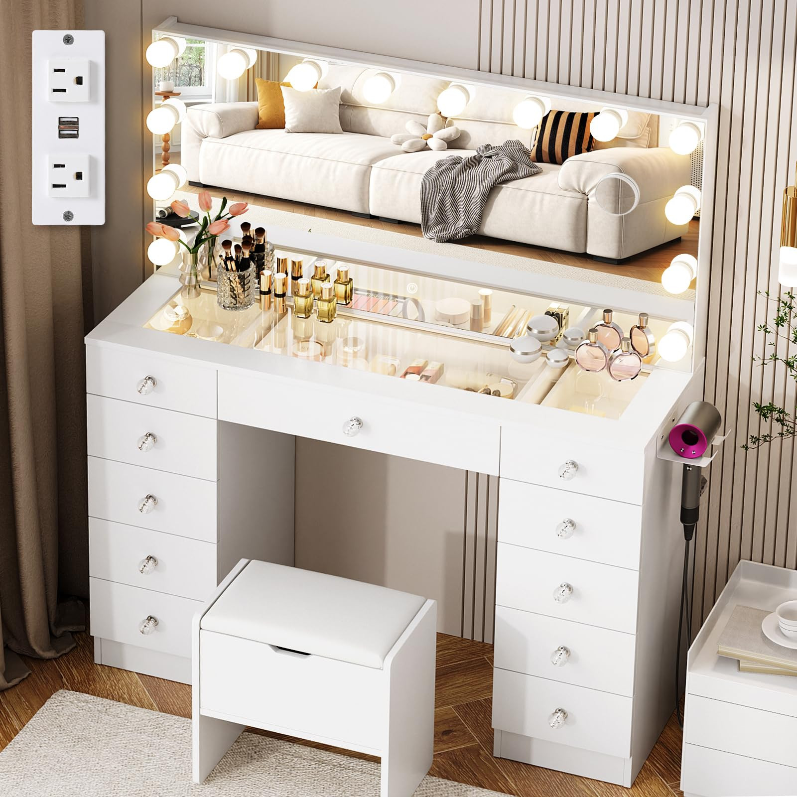 Amazon.com: VOWNER Vanity with Lighted Mirror - Glass Top Makeup Vanity Desk with Lights and 11 D... | Amazon (US)