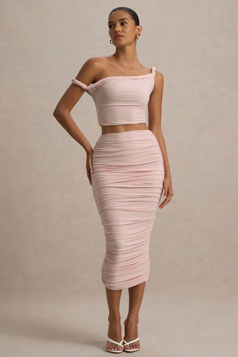 Lively  Light Pink Ruched Midi Skirt | Club L London
