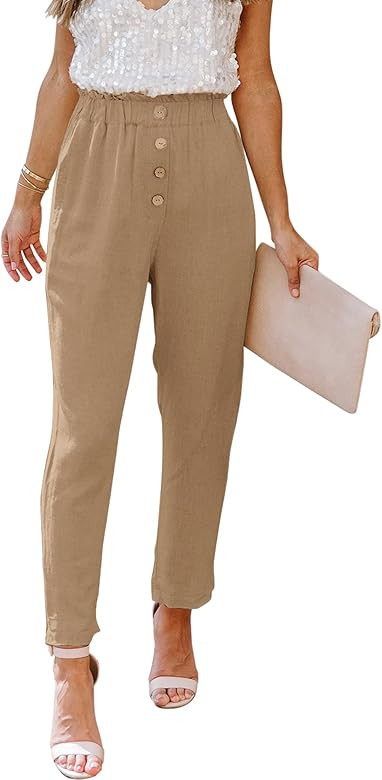 NIMIN Womens Casual Loose Pants Comfy Cropped Work Pants with Pockets Elastic High Waist Paper Ba... | Amazon (US)