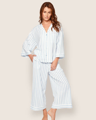 The Olivia Wide Leg Pima Pajama Set in Periwinkle Stripe M | Petite Plume