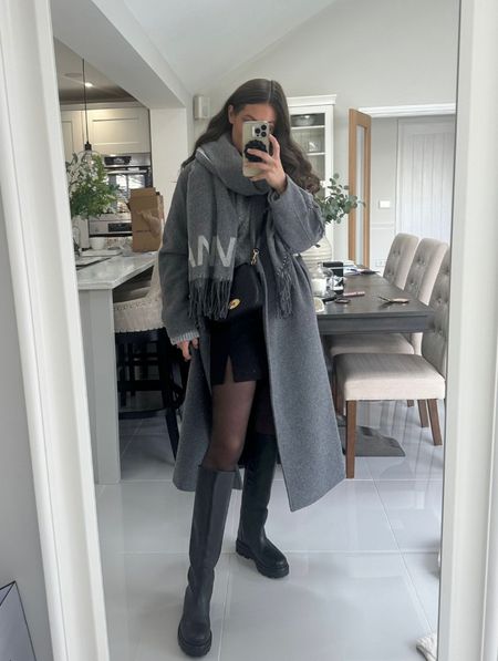 Winter Style, Winter Outfit Inspiration, Grey Coat, Grey Jumper, Long boots, Black Mini Skirt, Ganni Scarf 

#LTKSeasonal #LTKstyletip #LTKeurope