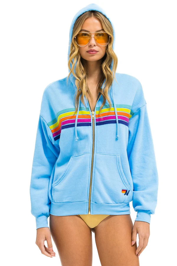 5 STRIPE RELAXED ZIP HOODIE - SKY // RAINBOW | Aviator Nation