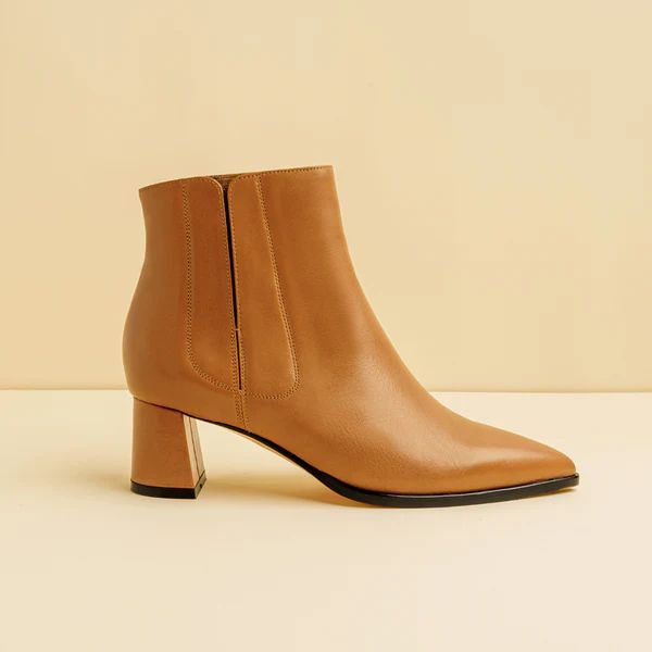 Camel Calf Leather Lower Block Ankle Boot | ALLY Shoes