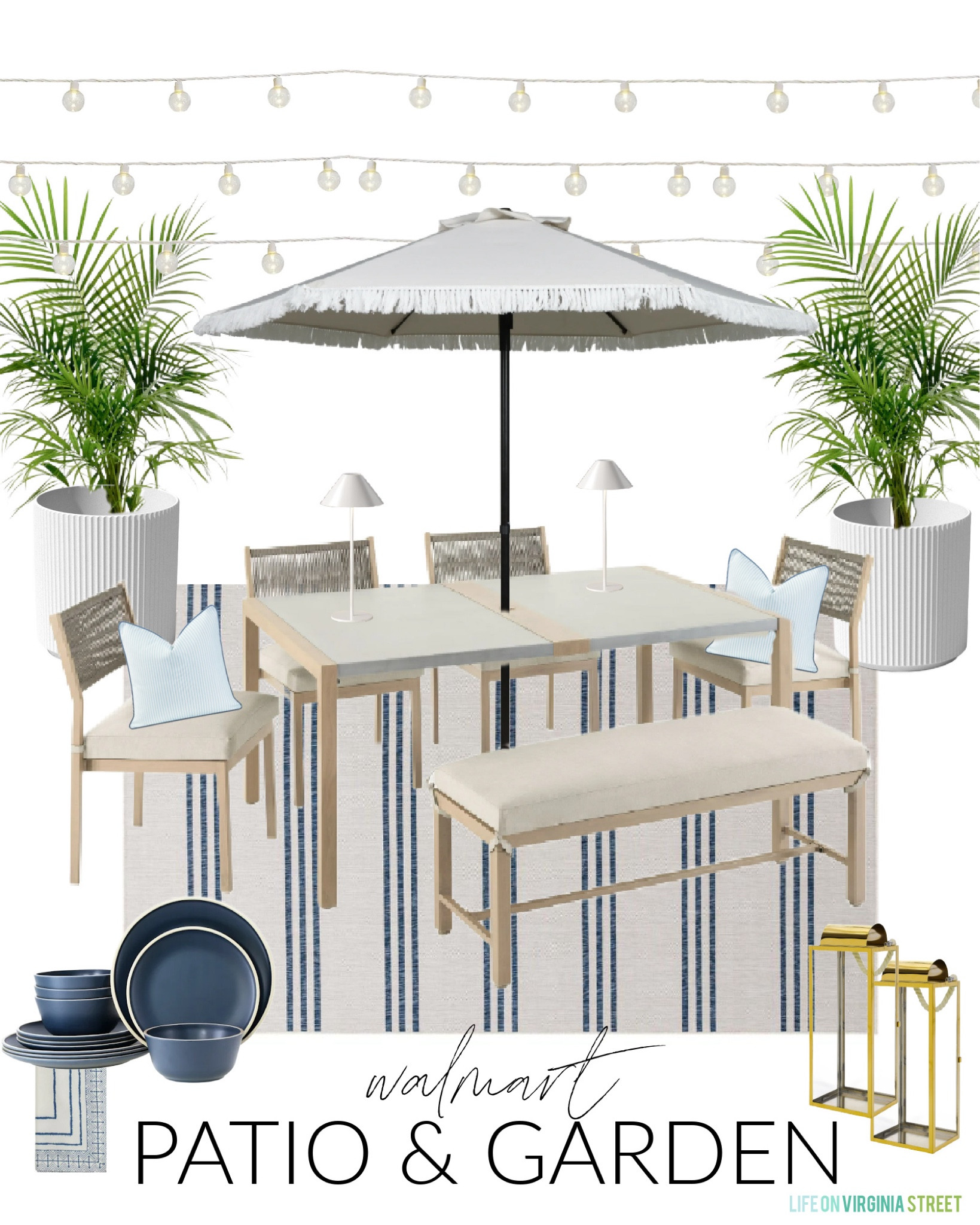 Loving these Walmart outdoor furniture finds! I’m sharing a bunch of design boards today including this neutral and navy blue outdoor dining space with a tan fringe umbrella, outdoor dining set (the chairs look just like Pottery Barn!), navy blue melamine plates, gold outdoor lanterns, tapered white cordless lamps, a navy blue striped outdoor rug, striped outdoor pillow covers,  palm trees in fluted white planters, and more! See more design ideas here: https://lifeonvirginiastreet.com/walmart-outdoor-furniture-design-boards/.
.
#ltkhome #ltkseasonal #ltksalealert #ltkstyletip #ltkfindsunder100 #ltkfindsunder50 patio decor, outdoor decor, patio conversation set, Pottery Barn look for less, neutral outdoor furniture 

#LTKSeasonal #LTKHome #LTKSaleAlert
