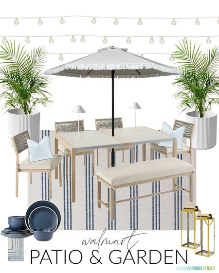 Loving these Walmart outdoor furniture finds! I’m sharing a bunch of design boards today including this neutral and navy blue outdoor dining space with a tan fringe umbrella, outdoor dining set (the chairs look just like Pottery Barn!), navy blue melamine plates, gold outdoor lanterns, tapered white cordless lamps, a navy blue striped outdoor rug, striped outdoor pillow covers,  palm trees in fluted white planters, and more! See more design ideas here: https://lifeonvirginiastreet.com/walmart-outdoor-furniture-design-boards/.
.
#ltkhome #ltkseasonal #ltksalealert #ltkstyletip #ltkfindsunder100 #ltkfindsunder50 patio decor, outdoor decor, patio conversation set, Pottery Barn look for less, neutral outdoor furniture 

#LTKSeasonal #LTKHome #LTKSaleAlert