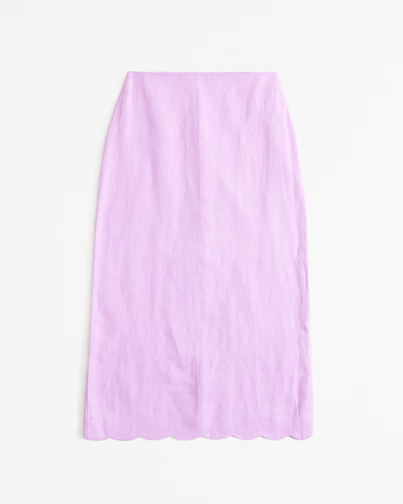 Women's Premium Linen Scallop-Hem Midi Skirt | Women's | Abercrombie.com | Abercrombie & Fitch (US)