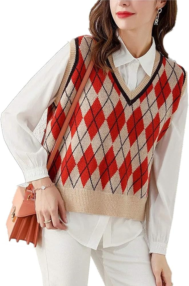 Hyipels Argyle Sweater Vest Women Y2K Plaid Knitted Streetwear Preppy Style V Neck Crop Knitwear ... | Amazon (US)