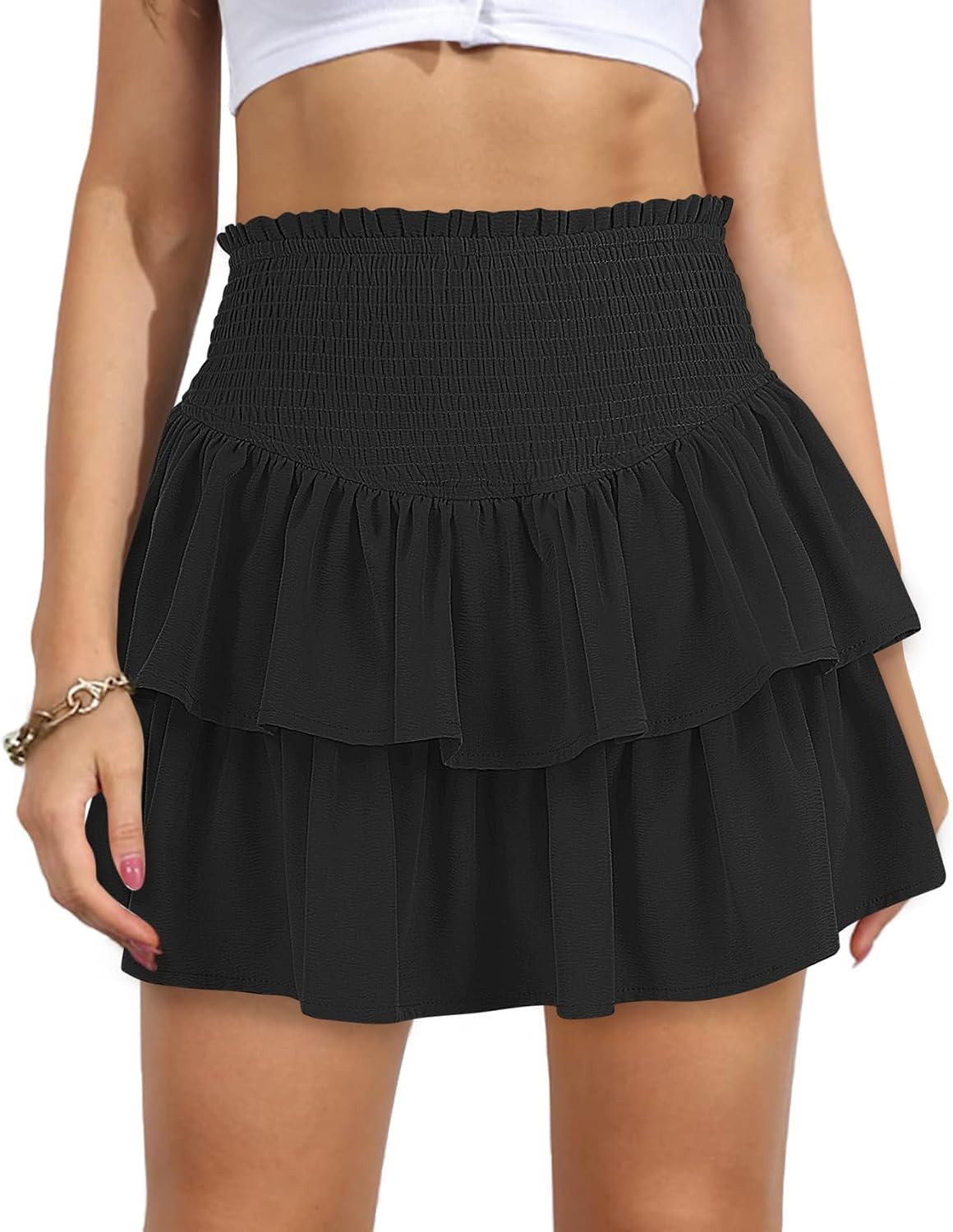 Women's High Waist Ruffle Mini Skirt Cute Tiered Short Skirt with Shorts Underneath | Amazon (US)