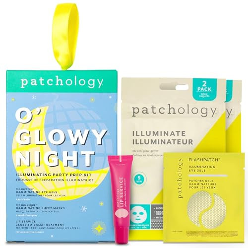 Patchology O' Glowy Night: Party Prep Set - Brightening Face, Eye & Lip Masks for Instant Glow, Vitamin C Sheet Mask, Under Eye Patches plus Rose lip mask with Resveratrol - Stocking Stuffer Gift | Amazon (US)