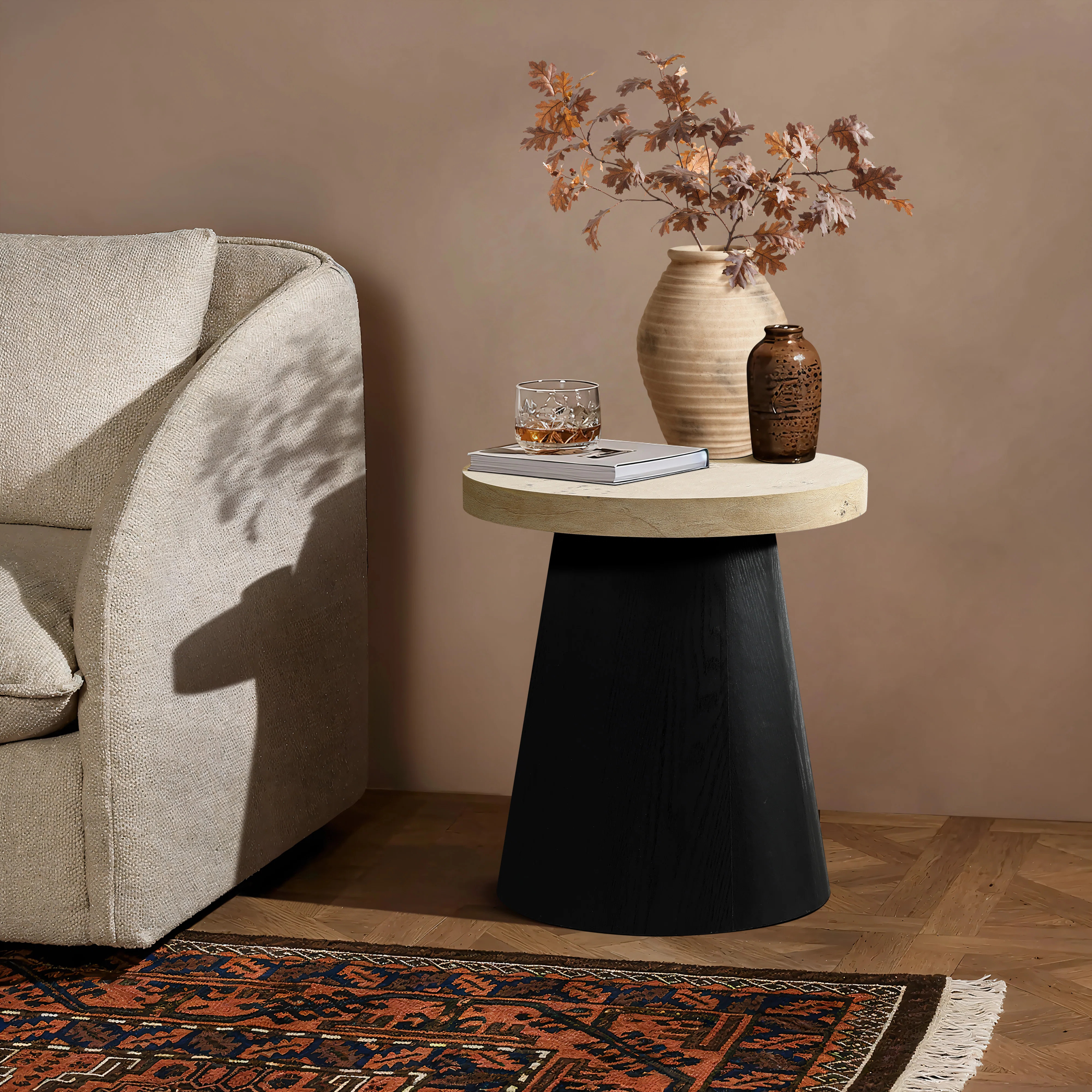 Light Wood Finish Top with Black Base Manufactured Wood Round Side Table | Wayfair North America