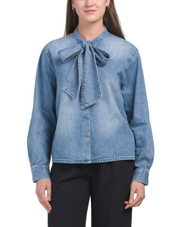 Tie Neck Denim Blouse For Women, Cotton | TJ Maxx