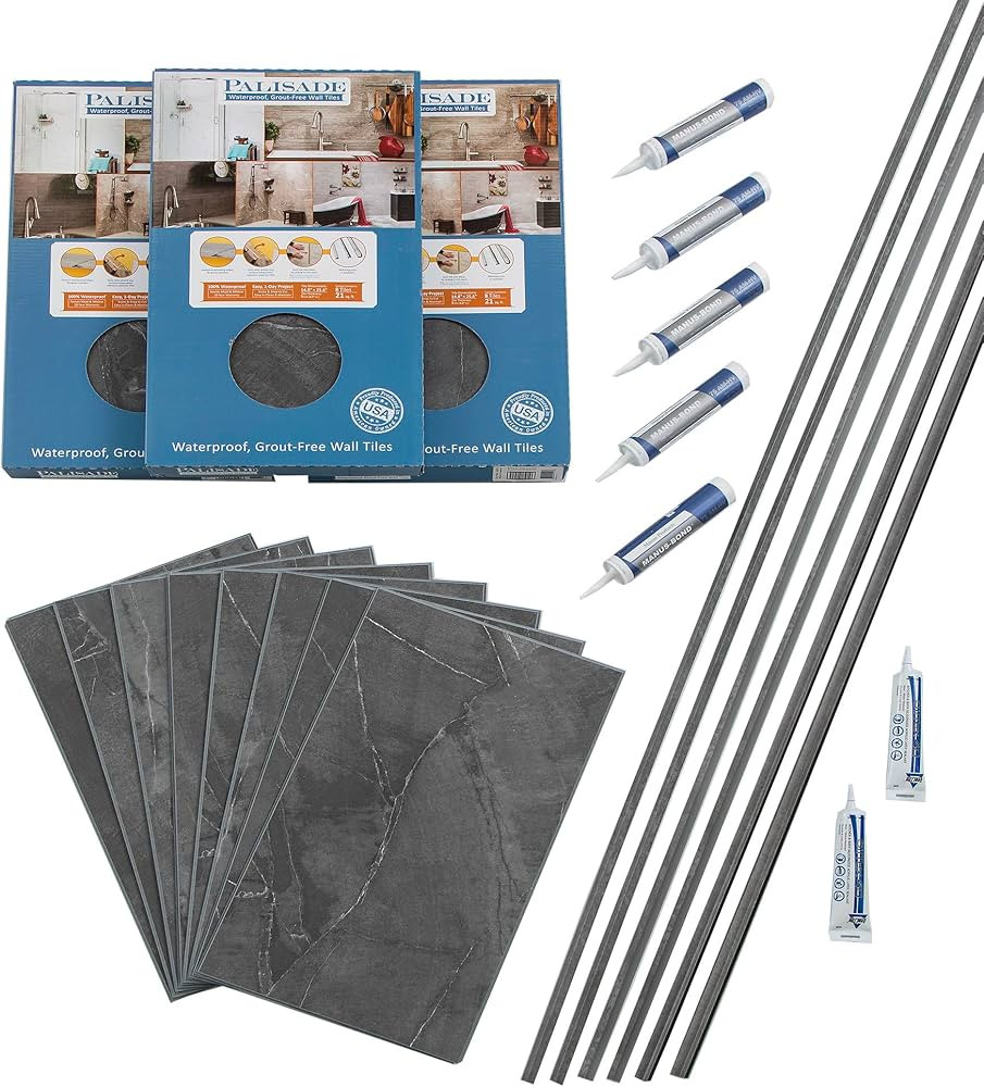 Palisade 25.6 in. x 14.8 in. Interlocking Vinyl Tile Shower and Tub Surround Kit in Cracked Slate | Amazon (US)