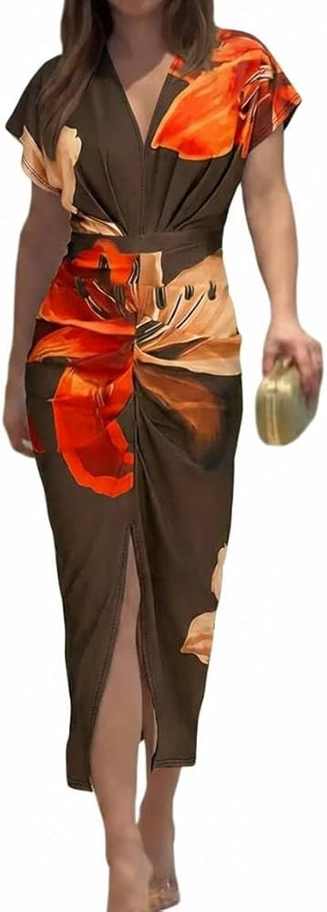 CHICME Summer Dresses for Women Floral Print Plunge V Neck Midi Dress Casual Ruched Slit Bodycon ... | Amazon (US)