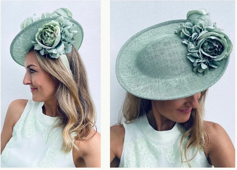 Large Statement Hat Fascinator Dipped Saucer Side Vintage Sage Ash Green Peony Hydrangea Flowers ... | Etsy (UK)