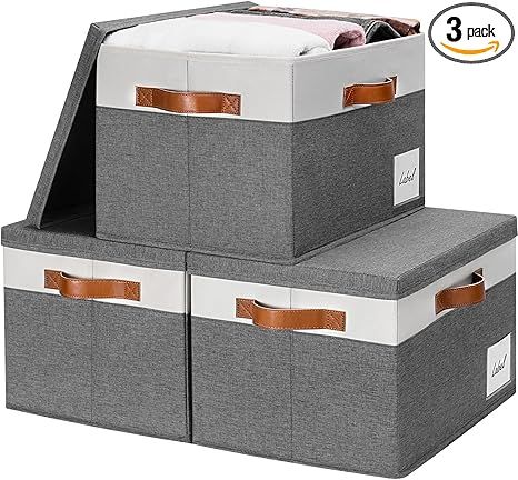 GhvyenntteS Fabric Storage Bins with Lids (3-Pack) Large Closet Storage Bins with Lid and 3 PU Ha... | Amazon (US)