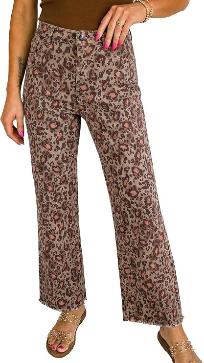 Astylish Women Animal Leopard Print Wide Leg High Waisted Jeans Tummy Control Casual Cropped Raw ... | Amazon (US)