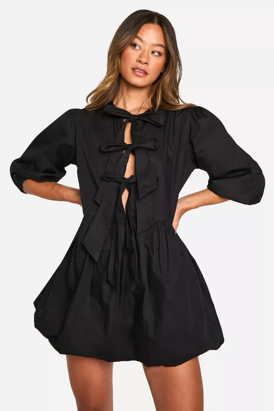 Tall Tie Front Puff Sleeve Skater Dress | boohoo (US & Canada)