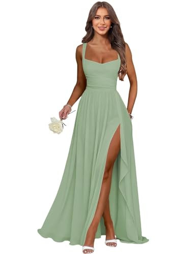 Dvdci Chiffon Bridesmaid Dresses for Women Sage Green Slit Ruffle Formal Gown Empire Wedding Guest Dress US6 | Amazon (US)