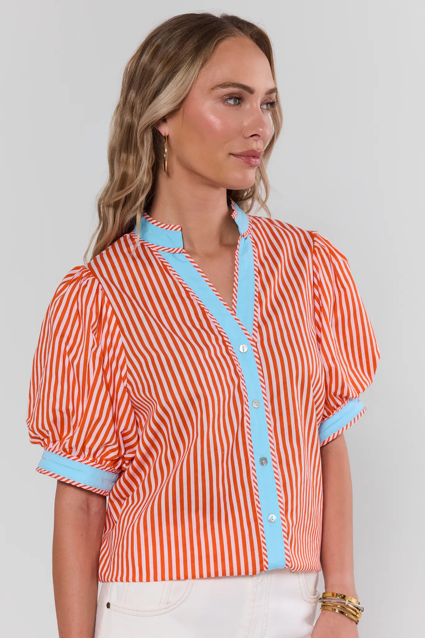 Maisie Orange Stripe Contrast Trim Top | Avara