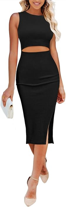 Pink Queen Women's Dresses Crew Neck Sleeveless Cutout Side Slit Bodycon Midi Party Dress | Amazon (US)