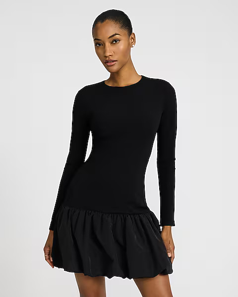 Crew Neck Long Sleeve Drop Waist Bubble Hem Mini Dress | Express
