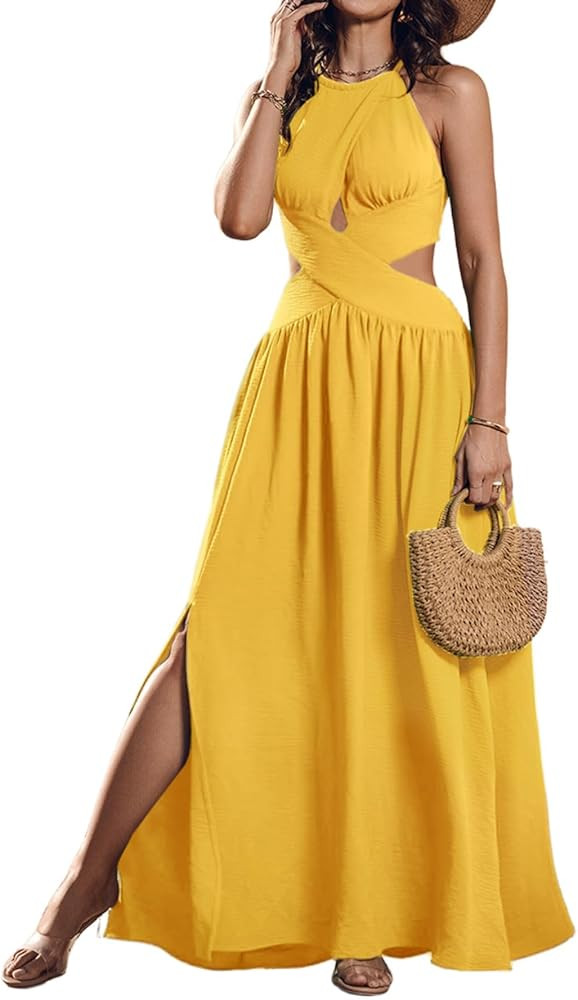 CHICME Women's Sleeveless Halter Neck Dress Criss Cross Tie Back Split High Maxi Dress | Amazon (US)