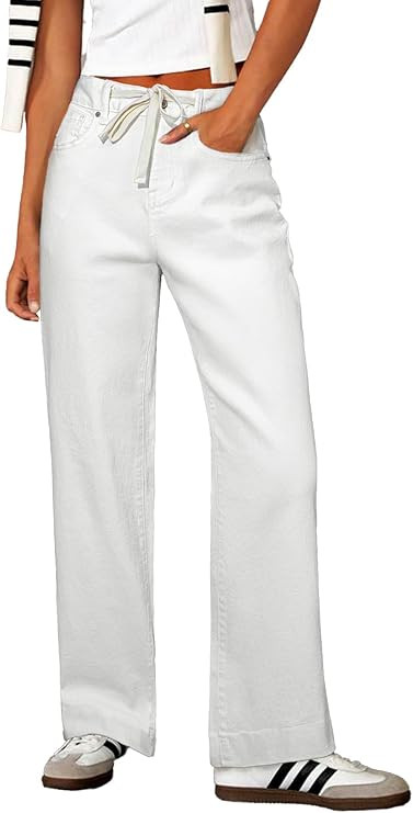 Sidefeel Women's Wide Leg Jeans High Waisted Stretchy Straight Leg Baggy Drawstring Zimbaplatinum... | Amazon (US)