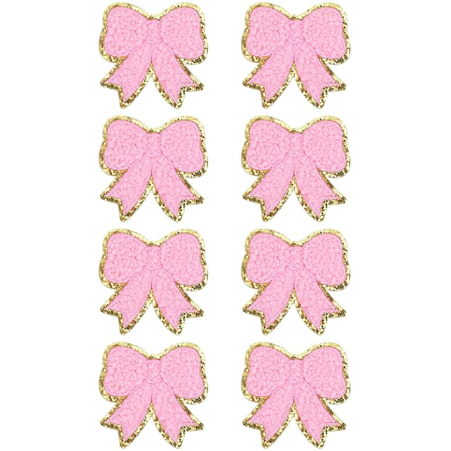 8Pcs Bow Patches,Pink Bow Chenille Patches Iron On,Gold Sparkling Bow Patches Sticker for Clothes... | Amazon (US)