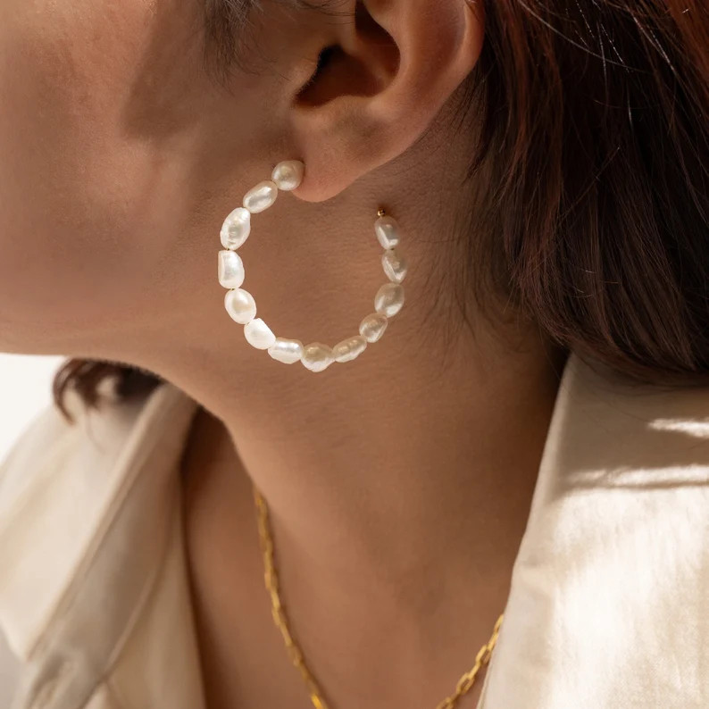 Large Pearl Hoops by Babeina, Pearl Hoop Earrings, Pearl Jewelry, Bridesmaid Gifts, Wedding Jewel... | Etsy (US)