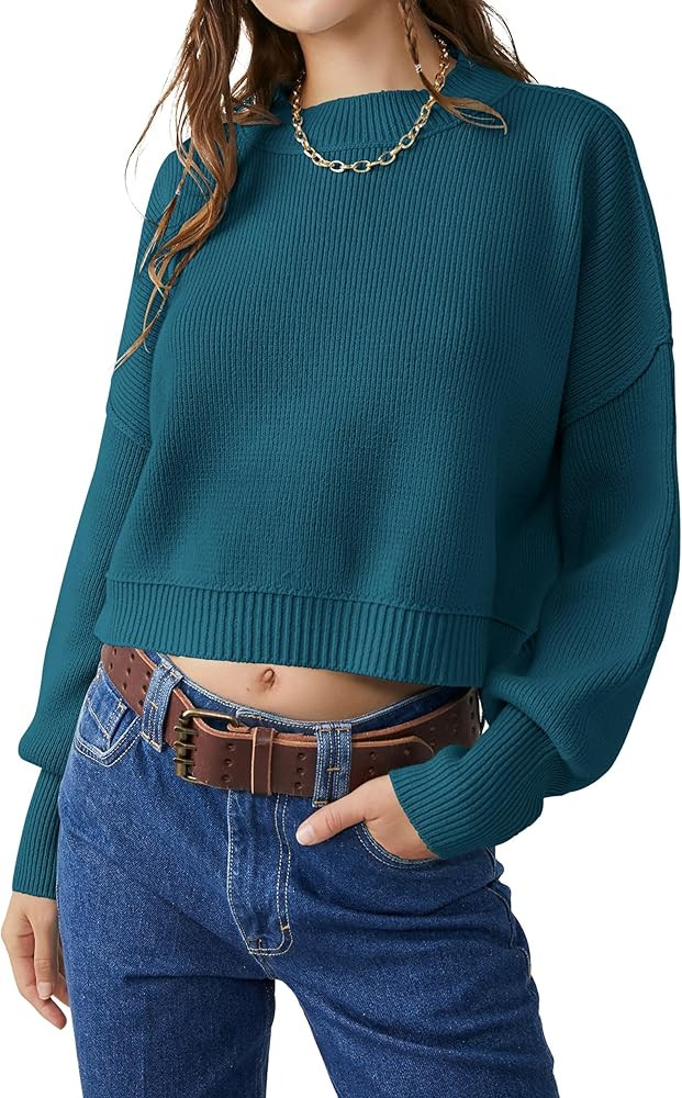 VIUTIL Womens Oversized Cropped Sweater Batwing Long Sleeve Crew Neck Knit Pullover Sweaters Tops... | Amazon (US)