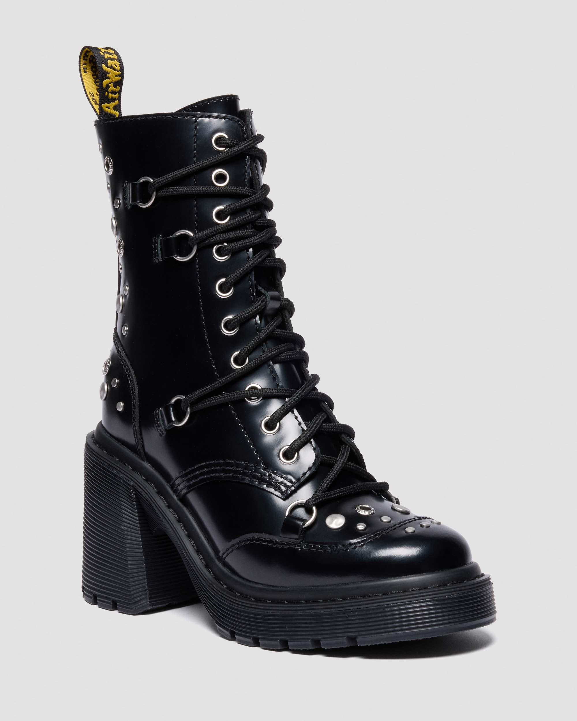 CHESNEY STUDDED BUTTERO LEATHER FLARE HEEL BOOTS in Black Buttero | Dr. Martens | Dr. Martens