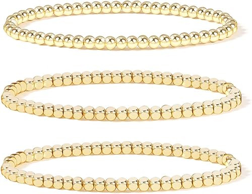 Gold Bead Bracelet for Women,14K Gold Plated Bead Ball Bracelet Stretchable Elastic Bracelet | Amazon (US)
