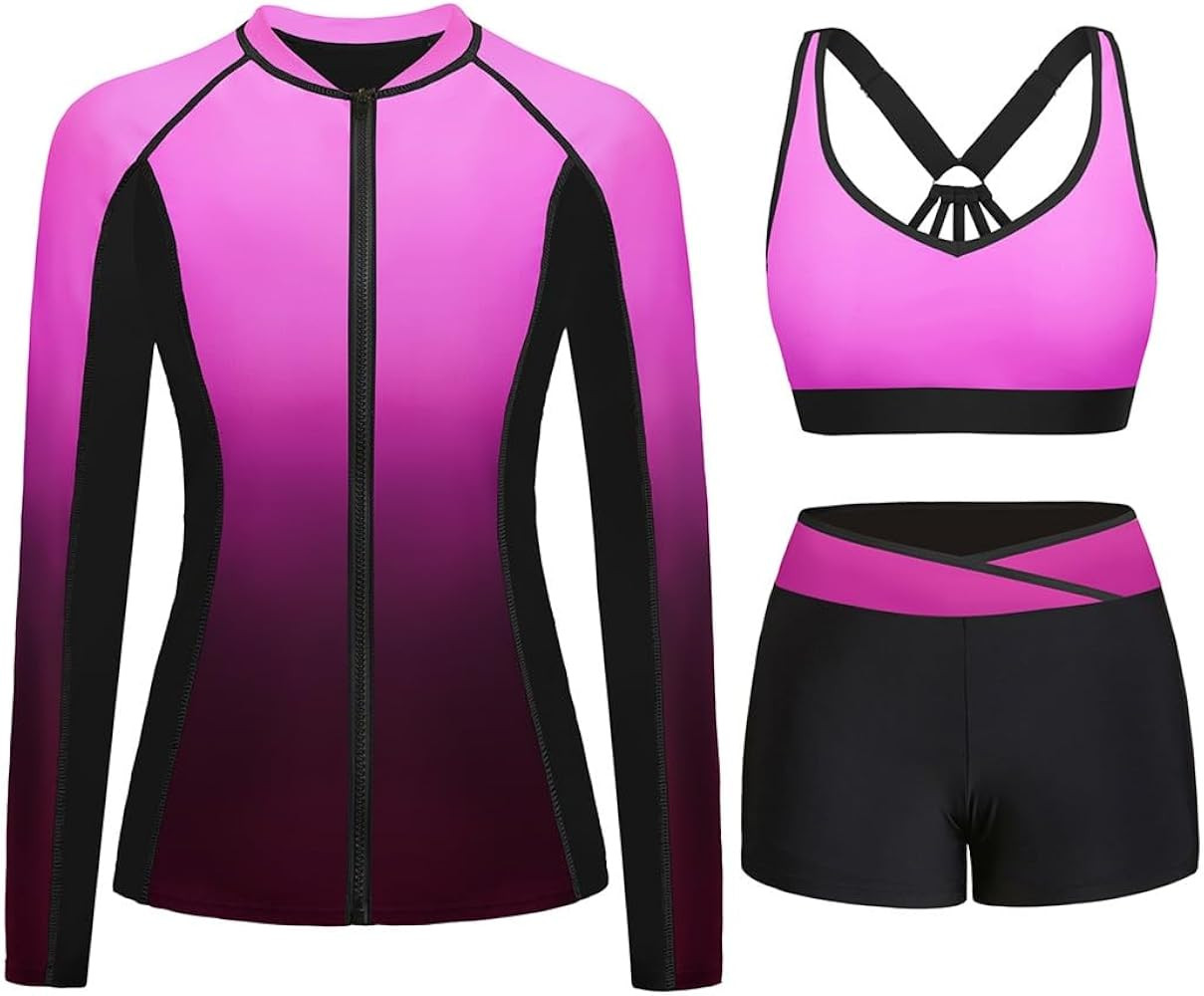 Daci Women 3 Piece Rash Guard - Long Sleeve Zip Up Swim Shirt with Sports Bra and Shorts UPF 50+ ... | Amazon (US)