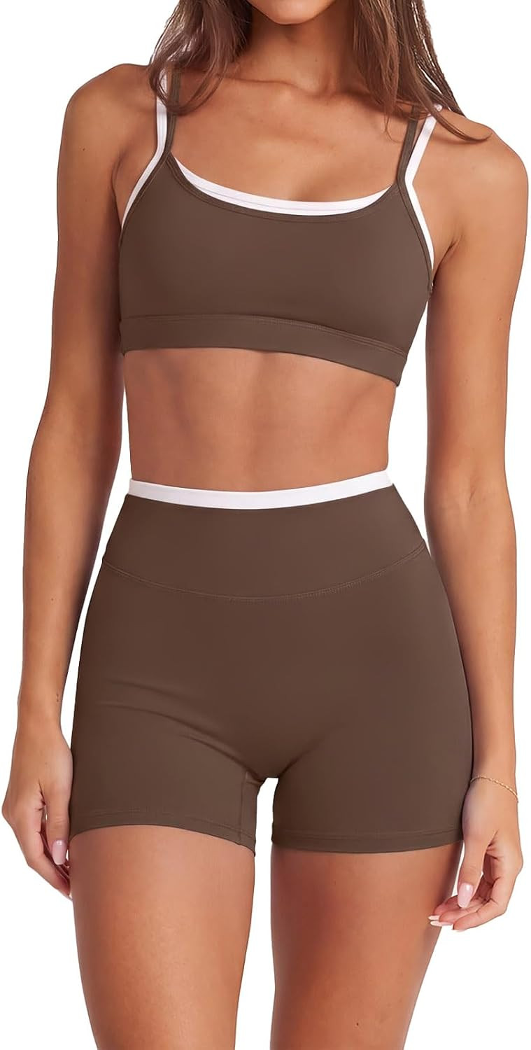 SUUKSESS 2 Piece Workout Sets Layered Sports Bra Yoga Gym Biker Shorts | Amazon (US)