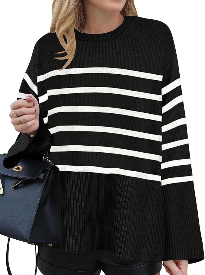 ZESICA Women's 2024 Fall Winter Striped Sweaters Long Sleeve Crew Neck Ribbed Knit Side Slit Over... | Amazon (US)
