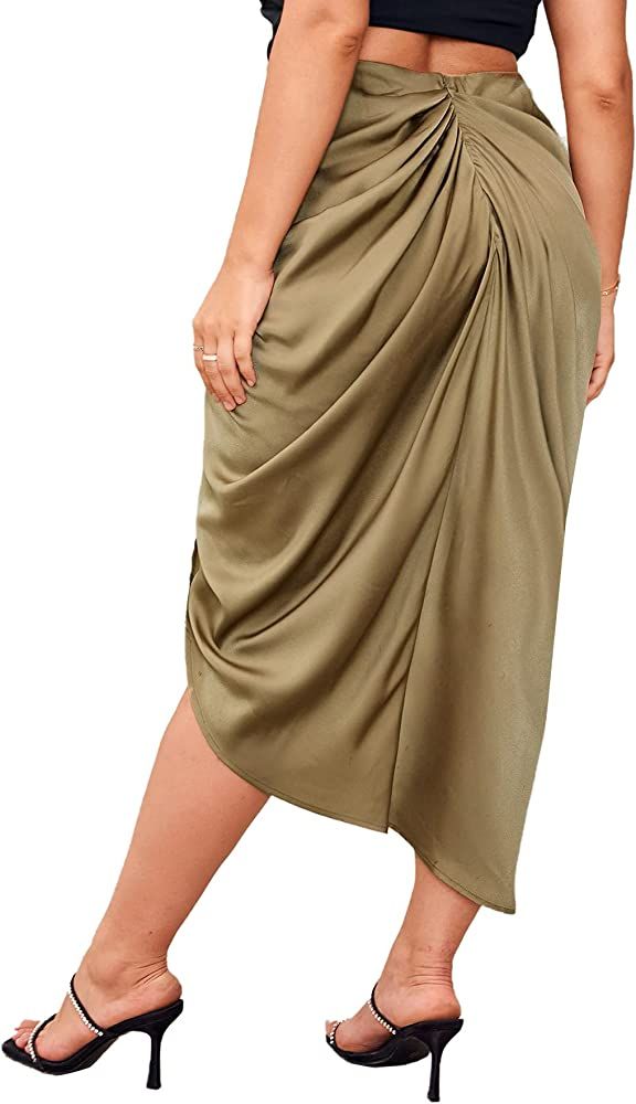 SheIn Women's Plus Asymmetrical Side Split High Waist Midi Ruched Satin Skirt | Amazon (US)