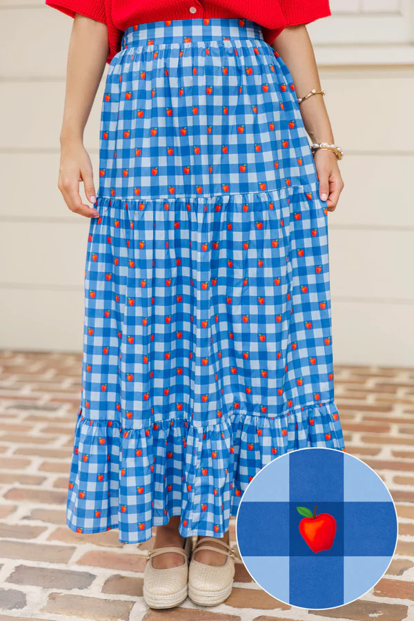 Getting Close Blue Apple Gingham Midi Skirt | The Mint Julep Boutique