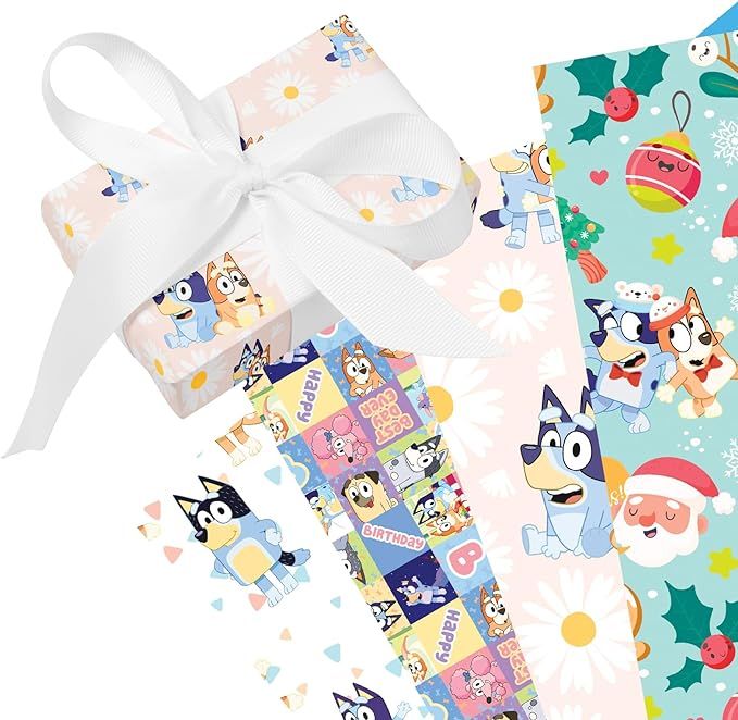 Happy Birthday Wrapping Paper Sheets - Blue Dog Cartoon Character Theme Designs for Boy Girl Kids... | Amazon (US)