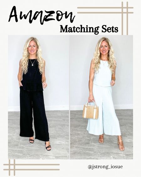 Amazon matching sets, wearing XS. Black linen set has a ruffle detail, elastic waist and pockets. Light cyan (blue) has a zipper closure on pants. Both are petite friendly and come in lots of colors. 

#LTKfindsunder50 #LTKstyletip