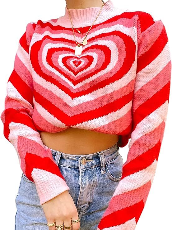 Angashion Women's Pullover Sweaters Casual Heart Printed Mock Neck Long Sleeve Color Block Knit Y2K  | Amazon (US)