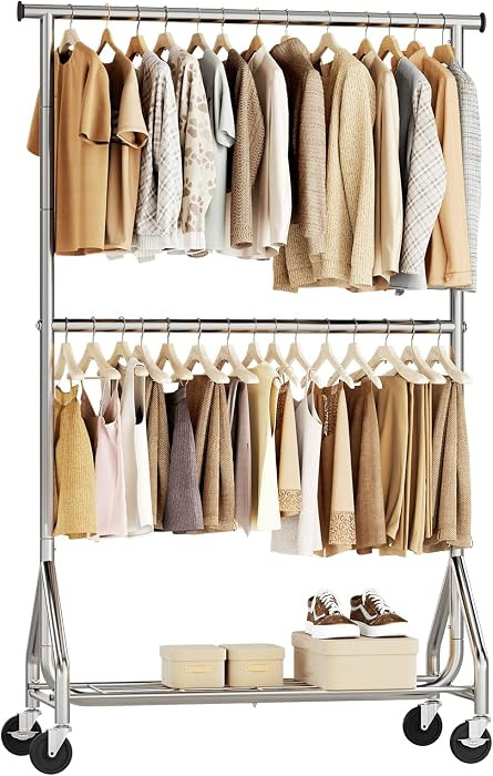HYSEYY Heavy Duty Clothes Rack, Double Rod Clothing Rack for Hanging Clothes, Rolling Garment Rac... | Amazon (US)