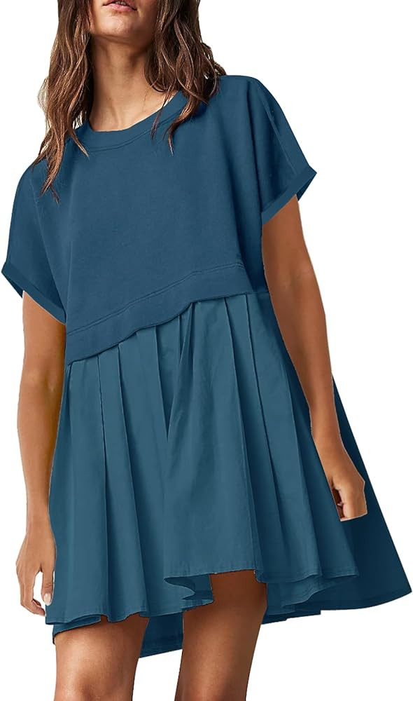 SAUKOLE Womens Summer Crew Neck Short Sleeve Dress Solid Ruffle A Line Beach Boho Long Maxi Dress... | Amazon (US)