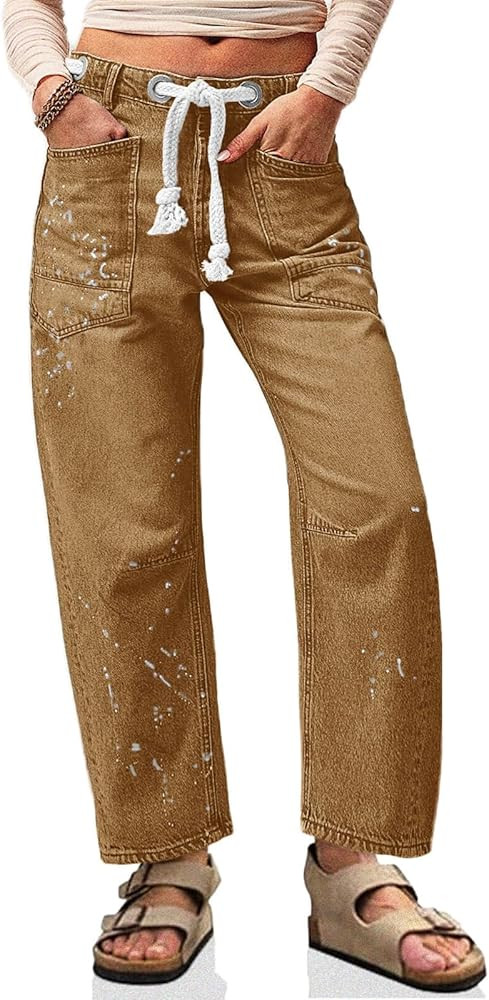 Cicy Bell Womens Baggy Barrel Horseshoe Jeans Wide Leg Drawstring Vintage Denim Pants with Front ... | Amazon (US)